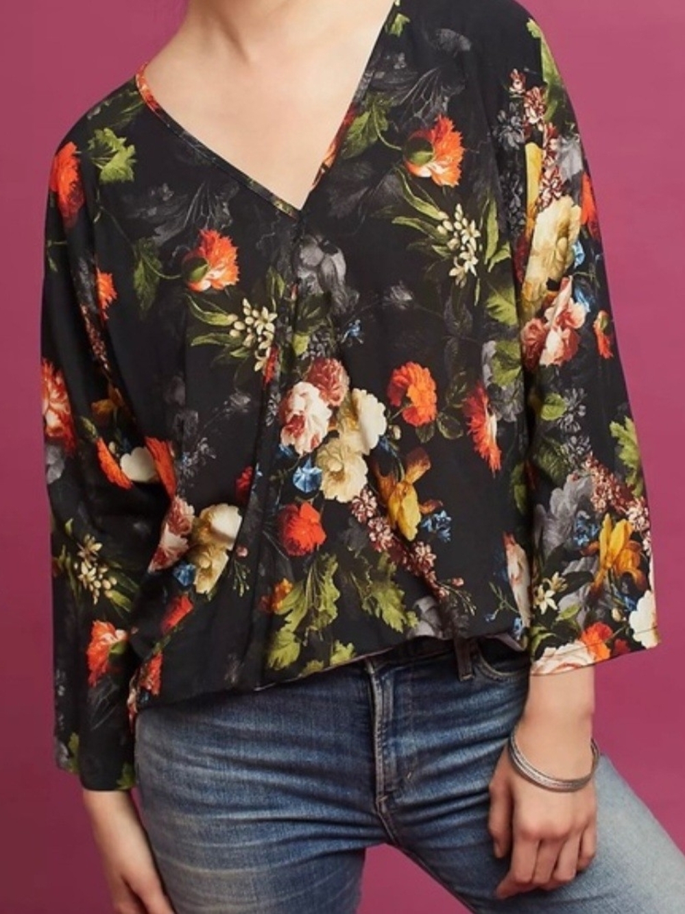 The Odells By Anthropologie Women's Black Floral V-Neck Wrap Blouse